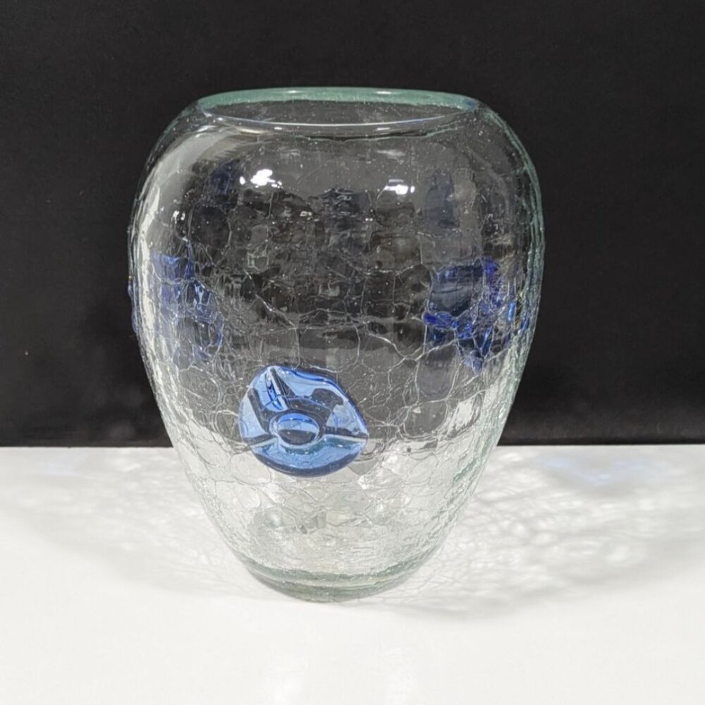 Blenko Crackle Blown Glass Vase Blue Rosette Flowers Decorative 1950 Collectible